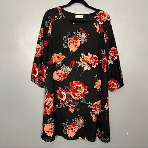 Everly Anthropologie Floral Shift Dress Black Red 3/4 Sleeve Women’s Medium